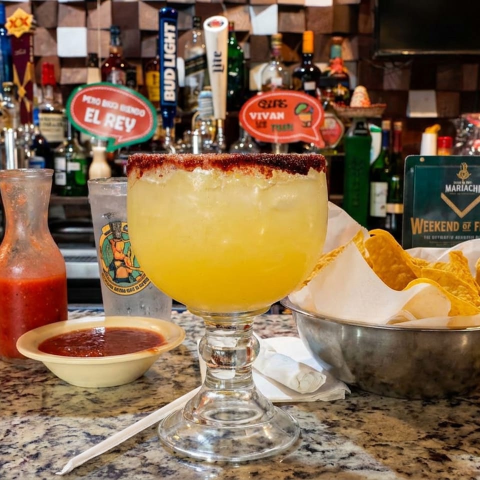 Salt-rimmed yellow margarita, tortilla chips with salsa, and hot sauce sit on a granite bar beside a fully stocked liquor shelf.
